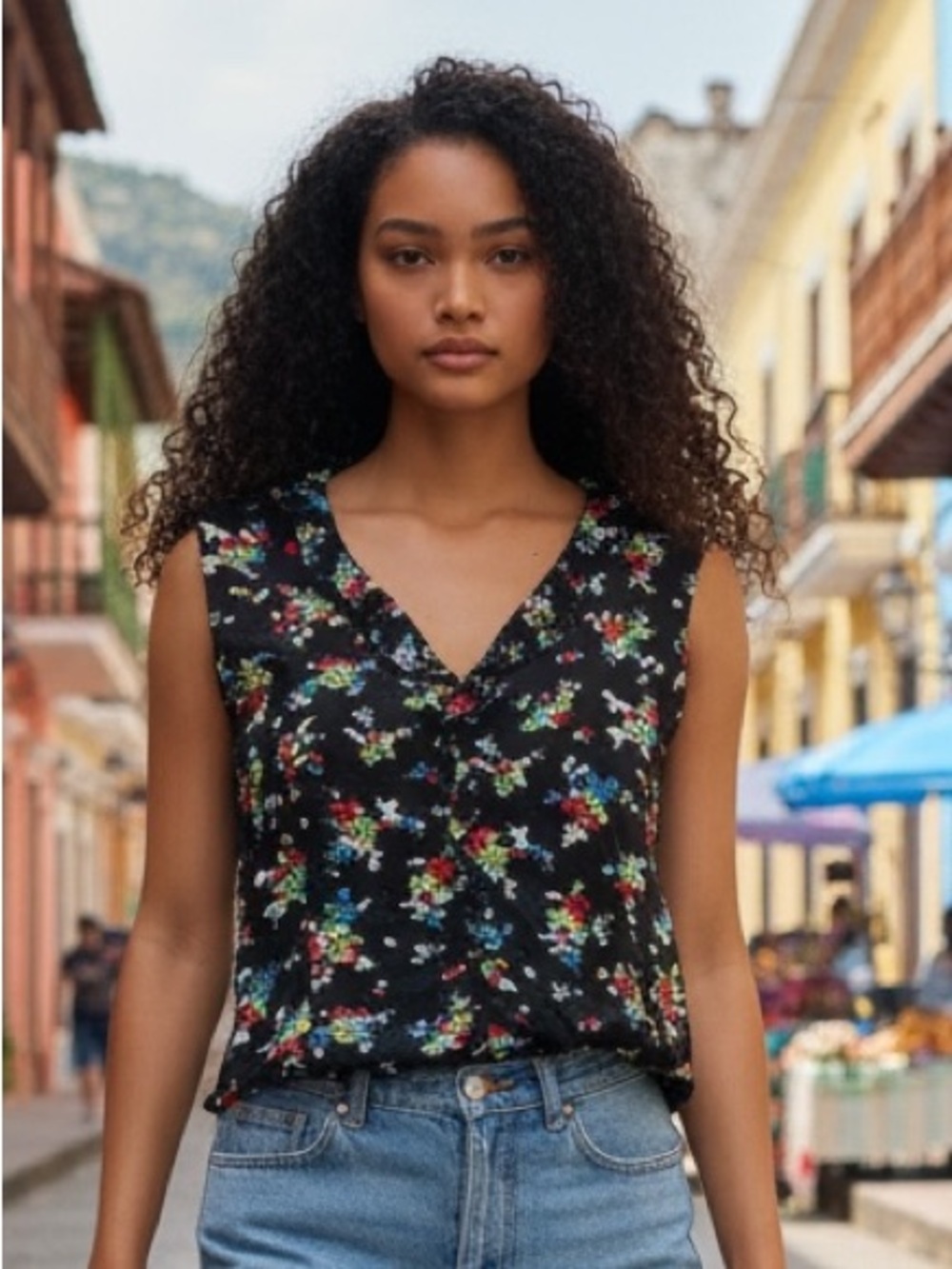 Ralph Lauren Black Sleeveless Floral Button-Front Blouse